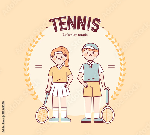 Tennis promotion banner template. Cute boy and girl characters wearing tennis jerseys and holding rackets. flat design style vector illustration.