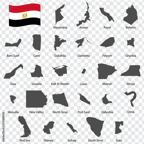 Twenty seven Maps  of  Egypt - alphabetical order with name. Every single map of Regions are listed and isolated with wordings and titles.   Arab Republic of Egypt. EPS 10.