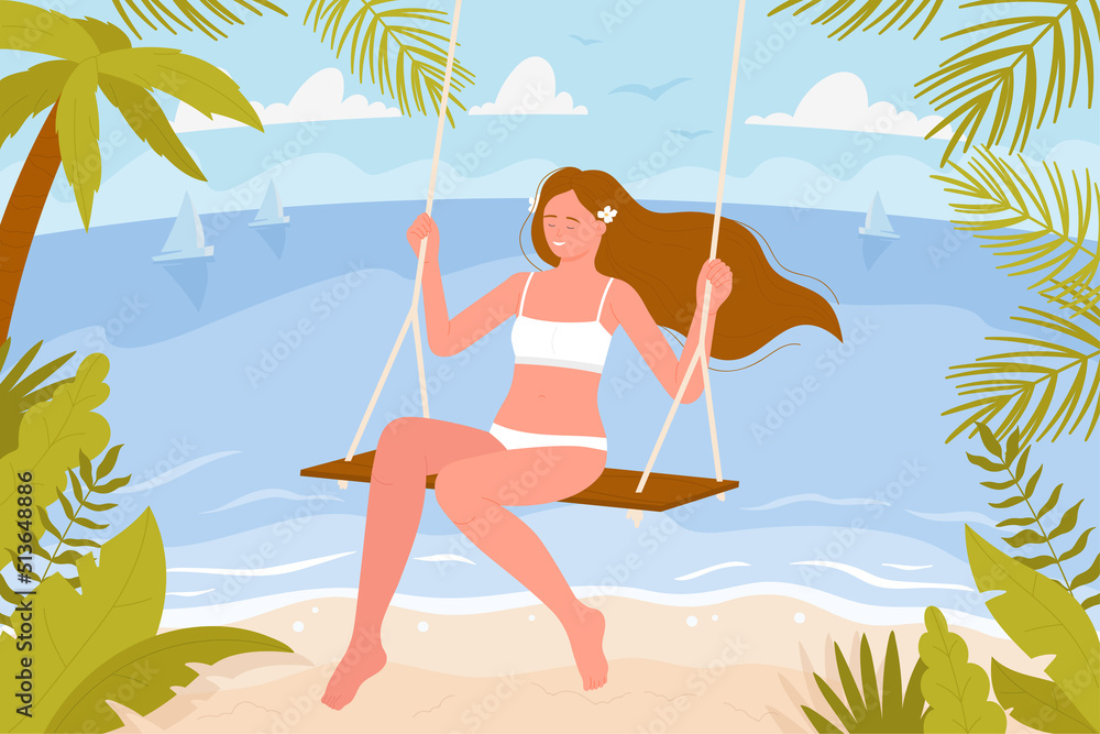 Girl in swimsuit sitting on swing, enjoying tropical sea beach vector illustration. Cartoon cute happy young woman in bikini among palm trees and waves background. Summer activity, vacation concept