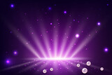 Purple neon gradient background with spotlight rays, 3d pearls and magic glitter light effect vector illustration. Realistic vibrant wallpaper for product presentation, glowing beams on dark backdrop