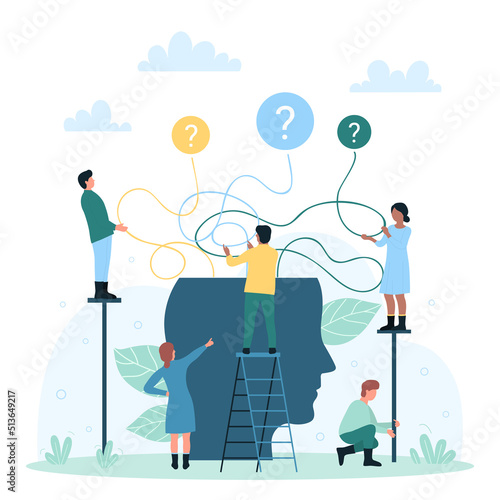 Choice of direction process, alternative options and guidance vector illustration. Cartoon tiny people choose between future different puzzled paths and ways with question marks from human head