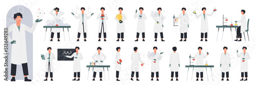 Scientist character in research poses, side, front and back view set vector illustration. Cartoon young man teaching chemical formula, holding book and light bulb, lab equipment isolated on white