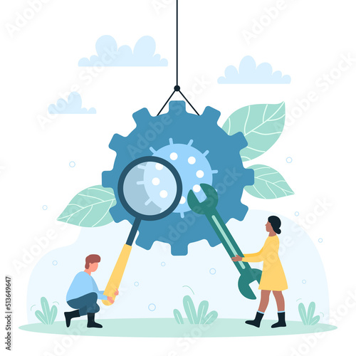 Tech support service for customers vector illustration. Cartoon tiny people work with wrench and magnifying glass to fix gear of mechanism, professional maintenance workers repair system with tools