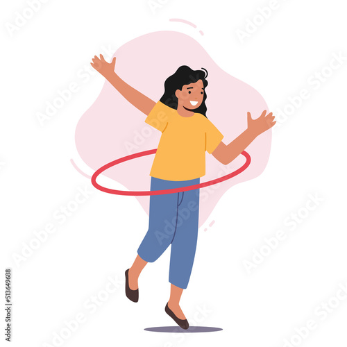 Funny Girl Rolling Hula Hoop Isolated on White Background. Young Female Character Playing, Spin and Twist Ring