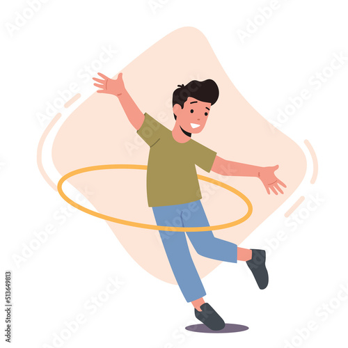 Happy Child Playing with Hula Hoop. Funny Preteen Kid Character Fun Spare Time, Recreation, Rolling and Spinning Ring