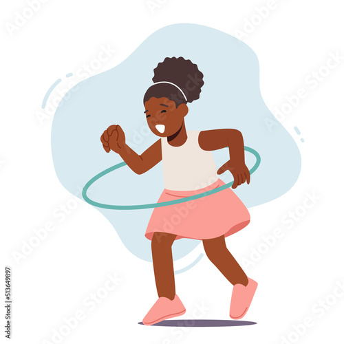 Funny African Girl Playing with Hula Hoop Isolated on White Background. Kid Rolling and Spinning Ring around the Waist