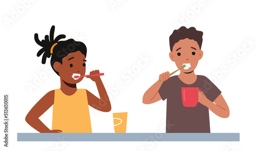 Children Morning Routine, Oral and Health Care. Kids Brushing Teeth, African Girl and Caucasian Boy with Toothbrush