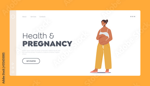 Health and Pregnancy Landing Page Template. Beautiful Pregnant Latin Woman, and Motherhood Concept. Young Mother