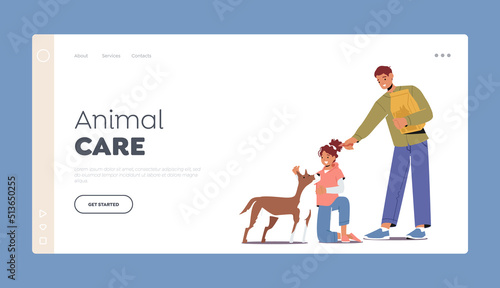 Animal Care Landing Page Template. Friendly Children Characters Feeding Dog. Kids Giving Food to Homeless Puppy