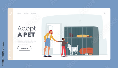 Adoption Center for Stray and Homeless Dogs Landing Page Template. Smiling Young Woman with Son Adopt Pet from Shelter