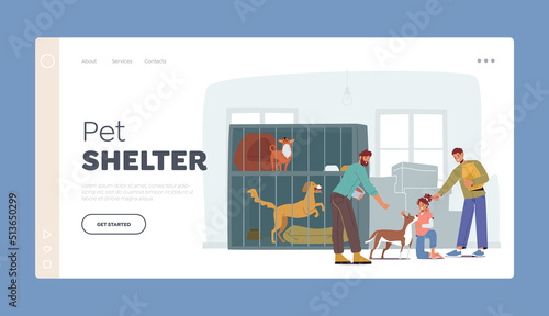 Pet Shelter Landing Page Template. Dad with Kids Visit Adoption Center for Stray or Homeless Animals Vector Illustration