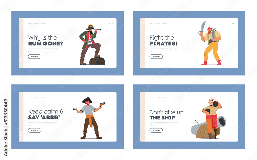 Pirates and Corsairs Landing Page Template Set. Characters with Guns, Sabers, Cannon Balls and Bottle of Rum, Picaroons Pirates and Corsairs Landing Page Template Set. Characters with Guns, Sabers, Cannon Balls and Bottle of Rum, Picaroons