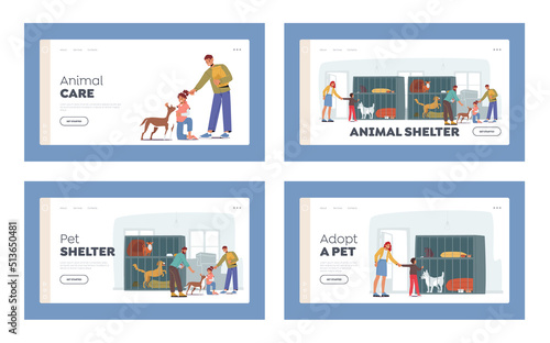Animal Shelter Landing Page Template Set. Pound, Rehabilitation or Adoption Center for Stray and Homeless Animals