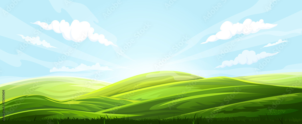 field background landscape vector. summer farm, agriculture meadow, green grass, land scene, sun countryside, hill scenery field background nature view cartoon illustration