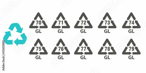 Glass recycling codes. Identification and packaging signs and symbols. Waste sorting icons. Vector illustration.