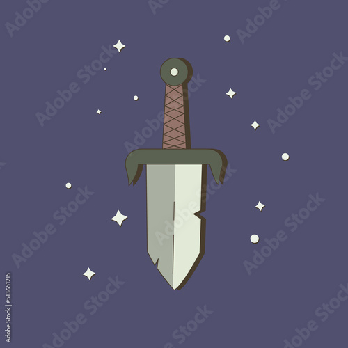 Powerful magic sword in flat style with stars. Vector illustration