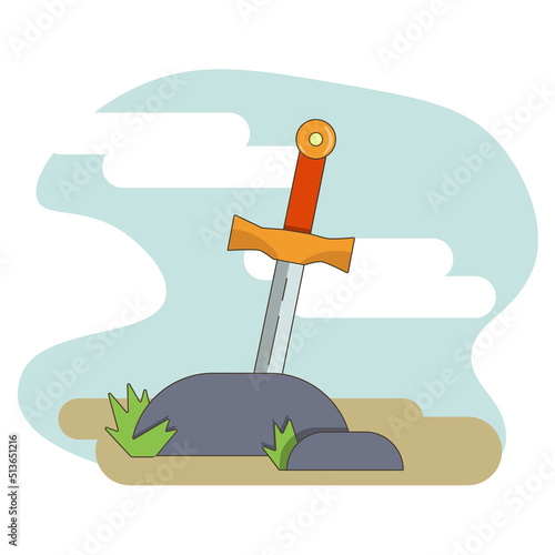Sword stuck in stone in flat style. Vector illustration.