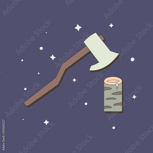 Powerful magic axe weapon in flat style with stars. Vector illustration