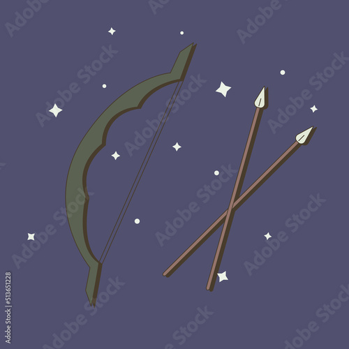 Powerful magic bow weapon in flat style with stars. Vector illustration