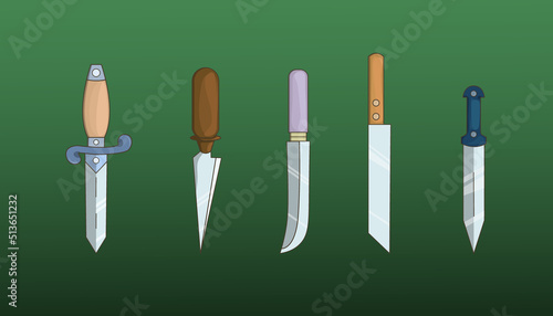 Set of weapons in a flat style. Collection of knives. Vector illustration