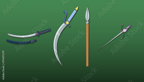 A set of weapons in flat style. Katana, rapier, saber, spear. Vector illustration