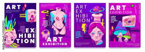 Psychedelic art exhibition invitation banner set with trendy acid design of greek sculpture. Vector cartoon crazy posters with girl statue and planet, eyes and mushroom, background with paint splashes