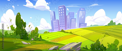 Summer scene with green fields and city on skyline. Vector cartoon illustration of countryside landscape with farm lands, green bushes, path and town at sunny weather