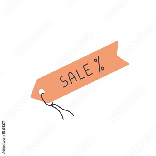 Sale tag, paper badge tab with loop and cord rope. Craft carton card with abstract percentage. Brown promotion cardboard label. Flat vector illustration isolated on white background