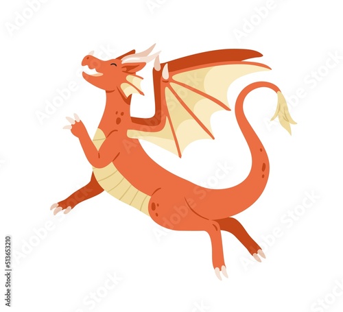 Cute fairy dragon jumping, flying. Happy excited dinosaur, fairytale characte...