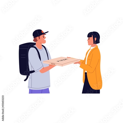 Pizza delivery service. Courier giving takeaway food in box, meal order to woman. Customer receiving delivered takeout fastfood from deliveryman. Flat vector illustration isolated on white background