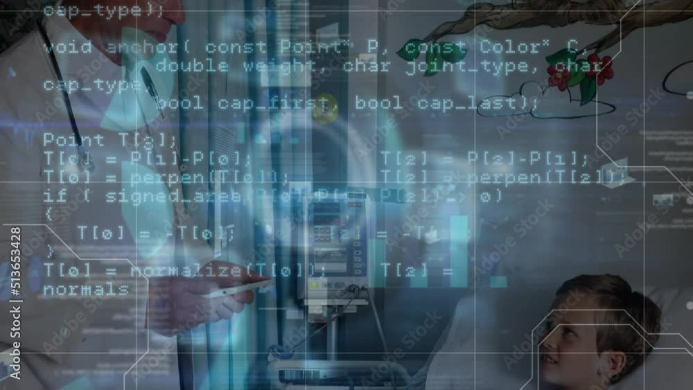 Data processing over caucasian male doctor with digital tablet talking to caucasian boy at hospital Data processing over caucasian male doctor with digital tablet talking to caucasian boy at hospital