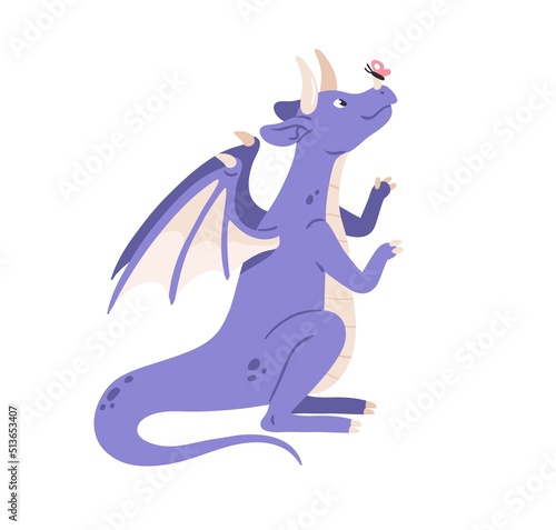 Cute fairytale dragon with butterfly on nose. Fairy tale dinosaur. Adorable s...