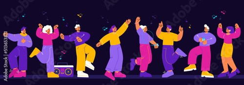 Happy people celebrate party in night club. Business team corporate holiday, birthday, friends on disco dance. Cheerful men and women group rejoice on festive event, Line art flat vector illustration