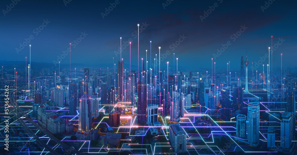 Smart city and abstract line and dot connect with gradient line design , big data connection technology concept. 3d render - obrazy, fototapety, plakaty 
