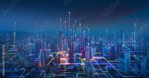 Smart city and abstract line and dot connect with gradient line design , big data connection technology concept. 3d render photo