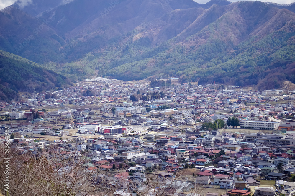 Naklejka premium Scenery of mountain and townscape in early in countryside, Tokyo, japan