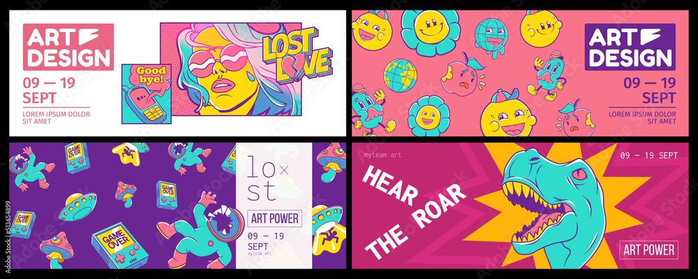 Trendy retro posters for art design exhibition with symbols of ufo, flowers, dinosaur, spaceman, mushrooms, gamepad and girl. Vector banners set with contemporary comic patches Trendy retro posters for art design exhibition with symbols of ufo, flowers, dinosaur, spaceman, mushrooms, gamepad and girl. Vector banners set with contemporary comic patches