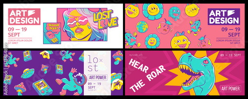 Trendy retro posters for art design exhibition with symbols of ufo, flowers, dinosaur, spaceman, mushrooms, gamepad and girl. Vector banners set with contemporary comic patches