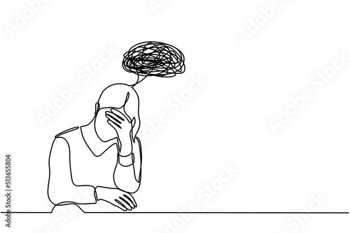 Continuous one-line drawing of a confused woman worried about mental health. Problems, failure, stress, sadness, heartbreak and depression concept in doodle style on transparent background.