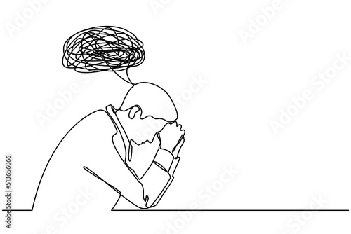 Continuous one line drawing of a confused man worried about mental health. Problems, failure, stress, sadness, heartbreak and depression concept in doodle style on transparent background.