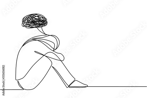 Continuous one-line drawing of a confused woman worried about mental health. Problems, failure, stress, sadness, heartbreak and depression concept in doodle style on transparent background.