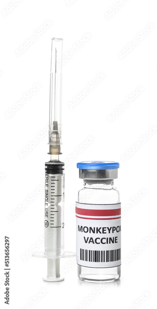 Monkeypox vaccine and syringe on white background Monkeypox vaccine and syringe on white background