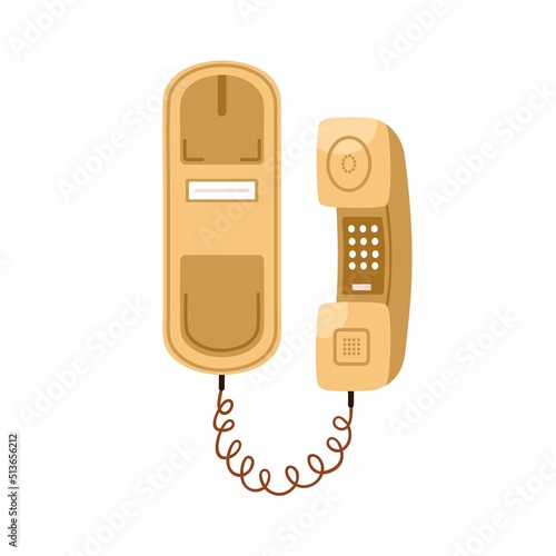 Retro push button telephone with keypad on headset. Old 70s, 80s touch tone phone model with keys on receiver. History device of 1968 type. Flat vector illustration isolated on white background