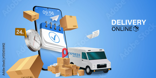 Parcel tracking app. 
delivery truck with cargo box is on a mobile phone. Online Parcel Inspection Concept.Online delivery transport logistics service. Warehouse factory express delivery box.