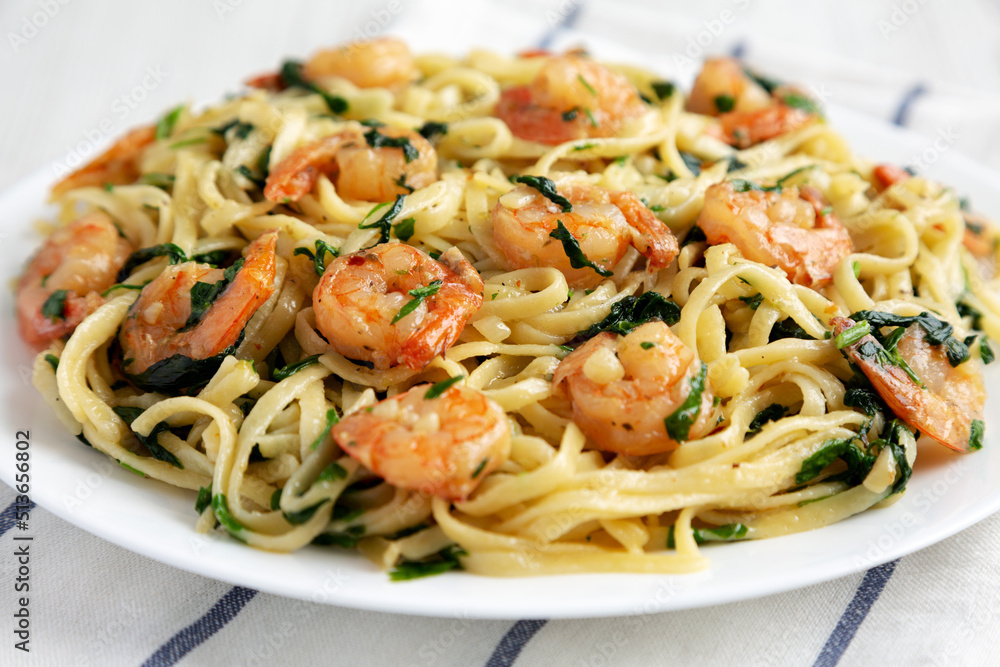 Homemade One-Pot Lemon Garlic Shrimp Pasta on a Plate, side view. Close-up. Homemade One-Pot Lemon Garlic Shrimp Pasta on a Plate, side view. Close-up.