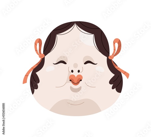 Okame, Japanese noh mask for Japan kabuki theater. Female face with round cheeks for Asian festival. Oriental woman head. Flat graphic vector illustration isolated on white background