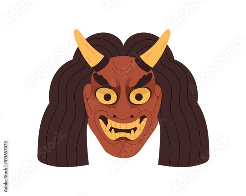 Ondeko, devils noh mask. Angry monsters face for Japan kabuki theater. Evil d...
