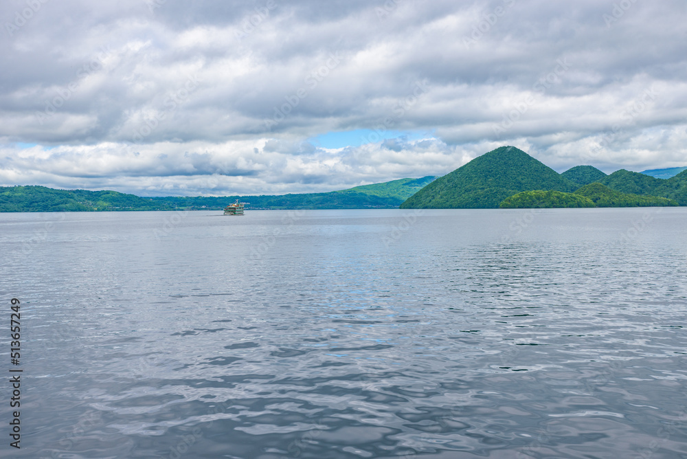 Landscape of the Lake Toya, a volcanic caldera lake in the Shikotsu-Toya National Park, Abuta District, Hokkaido, Japan.