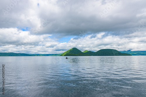 Landscape of the Lake Toya, a volcanic caldera lake in the Shikotsu-Toya National Park, Abuta District, Hokkaido, Japan.