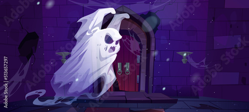 Haunted old castle with ghost, broken wooden door and stone wall. Vector cartoon illustration of abandoned medieval gungeon with spooky angry spirit at night